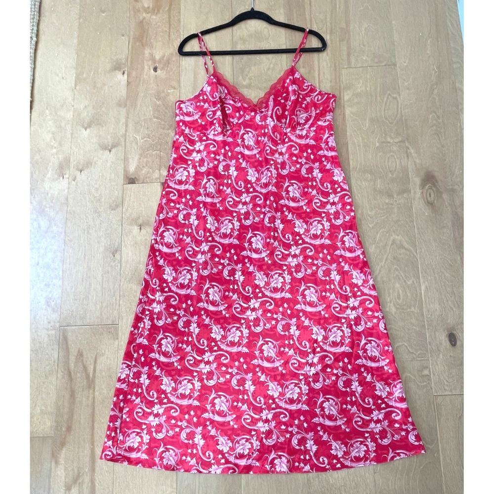 Adonna Pink Floral Scroll Satin Nightgown Lace Trim XL Sleeveless Maxi Chemise